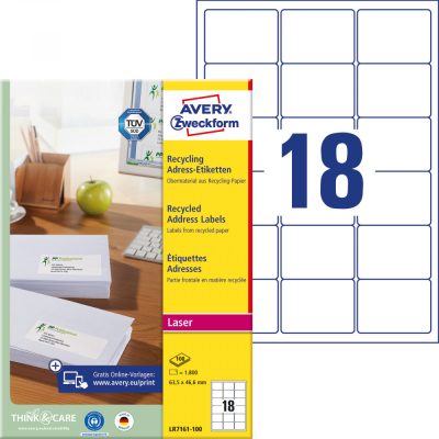 Avery Zweckform No. LR7161-100 natúr fehér színű 63,5 x 46,6 mm méretű, lézernyomtatóval nyomtatható, környezetbarát öntapadós etikett címke, A4-es íven - kiszerelés: 1800 címke / 100 ív