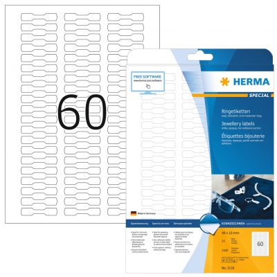 Herma No. 5116 fehér színű 49 x 10 mm méretű, univerzálisan nyomtatható, nagy fedőképességű öntapadós ékszercímke, erős, tartós ragasztóval A4-es íven - kiszerelés: 1500 címke / 25 ív