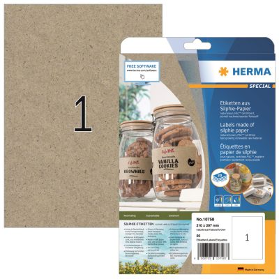 Herma No. 10758 natúr barna színű 210 x 297 mm méretű, univerzálisan nyomtatható, környezetbarát öntapadós etikett címke, permanens ragasztóval A4-es íven - kiszerelés: 20 címke / 20 ív