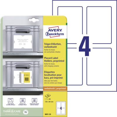 Avery Zweckform No. 8001-20 fehér színű 120 x 80 mm méretű, nem nyomtatható öntapadós időjárásálló címkehordozó címke, erős, tartós ragasztóval A4-es íven - kiszerelés: 80 címke / 20 ív