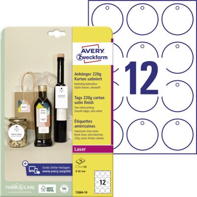 Avery Zweckform No. T2004-10 fehér színű 60 mm átmérőjű, mindkét oldalán lézernyomtatóval nyomtatható 220 g-os függőcímke sima élekkel A4-es íven - kiszerelés: 120 címke / 10 ív