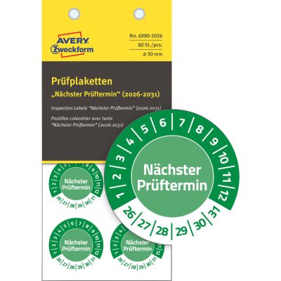 Avery Zweckform No. 6990-2026 zöld színű, 30 mm átmérőjű, öntapadós biztonsági hitelesítő címke, 2026-2031-es évszámmal, Nächster Prüftermin felirattal - kiszerelés: 80 címke / csomag