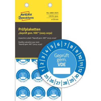 Avery Zweckform No. 6983-2025 kék színű, 20 mm átmérőjű, öntapadós időjárásálló felülvizsgálati címke, 2025-2030-as évszámmal, Geprüft gemäß VDE felirattal - kiszerelés: 120 címke / csomag