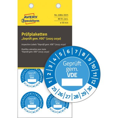 Avery Zweckform No. 6984-2025 kék színű, 30 mm átmérőjű, öntapadós időjárásálló felülvizsgálati címke, 2025-2030-as évszámmal, Geprüft gemäß VDE felirattal - kiszerelés: 80 címke / csomag