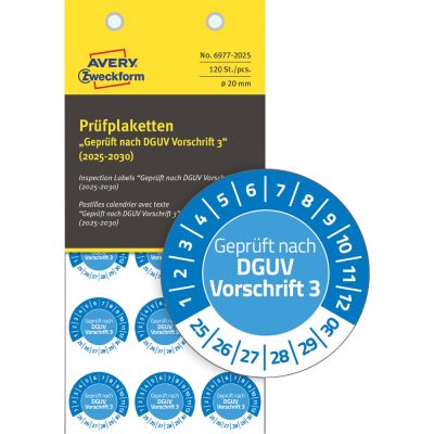 Avery Zweckform No. 6977-2025 kék színű, 20 mm átmérőjű, öntapadós biztonsági hitelesítő címke, 2025-2030-as évszámmal, Geprüft nach DGUV Vorschrift 3 felirattal - kiszerelés: 120 címke / csomag
