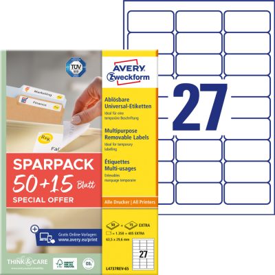 Avery Zweckform No. L4737REV-65 fehér színű 63,5 x 29,6 mm méretű, univerzálisan nyomtatható, öntapadós etikett címke, visszaszedhető ragasztóval A4-es íven - kiszerelés: 1755 címke / 65 ív