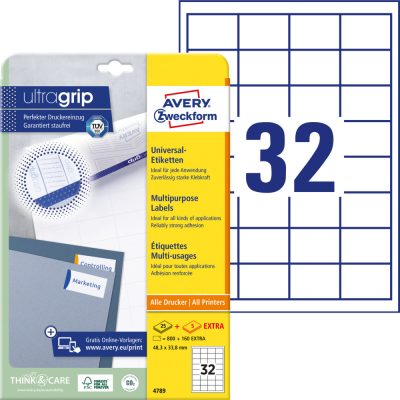 Avery Zweckform No. 4789 fehér színű 48,3 x 33,8 mm méretű, univerzálisan nyomtatható, öntapadós etikett címke, permanens ragasztóval A4-es íven - kiszerelés: 960 címke / 30 ív