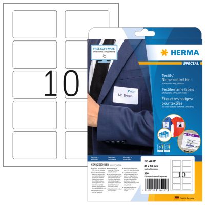Herma No. 4412 fehér színű 80 x 50 mm méretű, lézernyomtatóval nyomtatható, textilre ragasztható öntapadós névcímke, visszaszedhető ragasztóval A4-es íven - kiszerelés: 250 címke / 25 ív