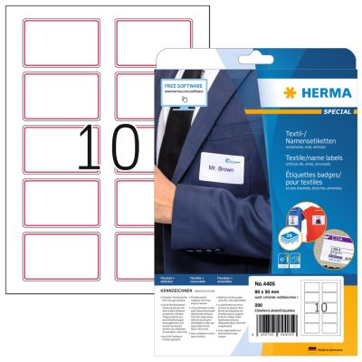 Herma No. 4405 fehér színű 80 x 50 mm méretű, lézernyomtatóval nyomtatható, öntapadós névcímke (piros színű kerettel), visszaszedhető ragasztóval A4-es íven - kiszerelés: 200 címke / 20 ív