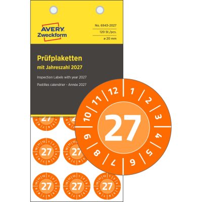 Avery Zweckform No. 6943-2027 narancssárga színű, 20 mm átmérőjű, öntapadós időjárásálló felülvizsgálati címke, 2027-es évszámmal, 12 hónapos beosztással - kiszerelés: 120 címke / csomag