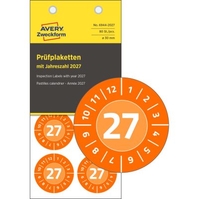 Avery Zweckform No. 6944-2027 narancssárga színű, 30 mm átmérőjű, öntapadós időjárásálló felülvizsgálati címke, 2027-es évszámmal, 12 hónapos beosztással - kiszerelés: 80 címke / csomag