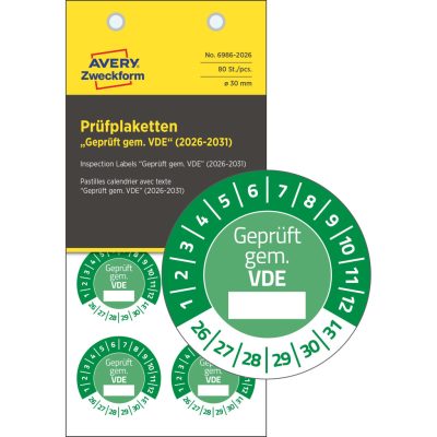 Avery Zweckform No. 6986-2026 zöld színű, 30 mm átmérőjű, öntapadós biztonsági hitelesítő címke, 2026-2031-es évszámmal, Geprüft gemäß VDE felirattal - kiszerelés: 80 címke / csomag