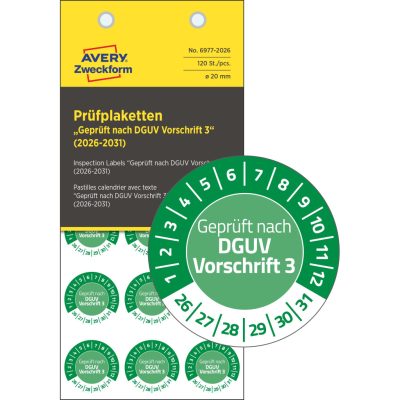 Avery Zweckform No. 6977-2026 zöld színű, 20 mm átmérőjű, öntapadós biztonsági hitelesítő címke, 2026-2031-es évszámmal, Geprüft nach DGUV Vorschrift 3 felirattal - kiszerelés: 120 címke / csomag