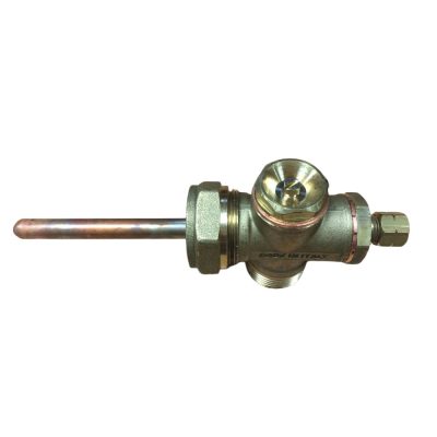 Kézi légtelenítő szelep hőmérséklet érzékelő hüvellyel szolár vagy fűtés rendszerhez. Tiszta rézből, 22 mm-es roppantós és 3/4" menetes csatlakozás