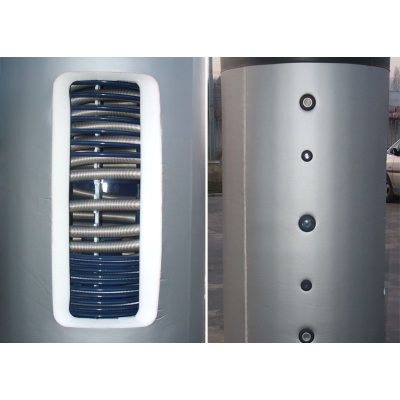 Puffer tartály 1 inox és 2 acél hőcserélővel 1000 literes hőszigetelt tartály. Az inox cső a használati melegvíz felmelegítésére szolgál