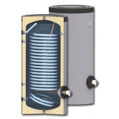 500 literes SunSystem 1 hőcserélős álló, HMV tároló extra nagy hőcserélővel napkollektor vagy hőszivattyú számára. Használati melegvíz tároló, üvegkerámia bevonat