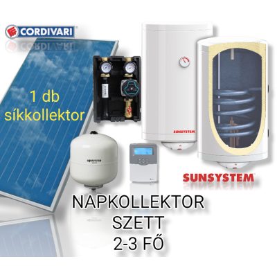 2-3 fő részére Cordivari síkkollektoros szett HMV készítés: 1 síkkollektor + 120 literes Sunsystem hőcserélős bojler + szivattyú állomás + vezérlés + tágulási tartály