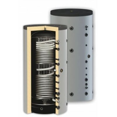 Puffer tartály 2 acél és 1 inox hőcserélővel 1500 literes Sunsystem. Az inox cső a használati melegvíz felmelegítésére szolgál, friss víz modullal