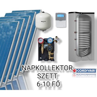 6-10 fő részére Cordivari napkollektor rendszer: 5 db prémium sikkollektor, 500 literes extra nagy hőcserélős álló bojler, ECO szivattyú állomás, vezérlés, tágulási tartály
