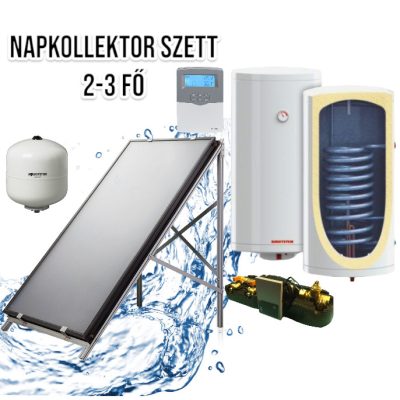 2-3 fő részére síkkollektoros szett HMV készítés: 1 síkkollektor + 120 literes hőcserélős bojler + szivattyú állomás + vezérlés + tágulási tartály