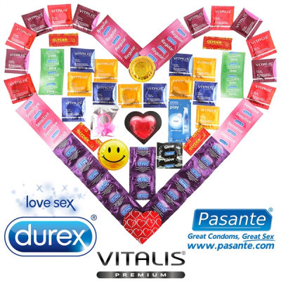 Luxus Maxi Csomag - 55 óvszer Durex, Pasante és Vitalis + síkosító + Rezgő gyűrű