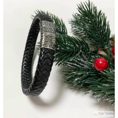 Férfi görög mintás fekete bőr, nemes acél karkötő-Boldizsár