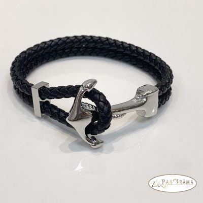 Bőr, nemesacél férfi karkötő - horgos