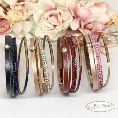 Divatos bőrhatású karkötő strasszokkal, mágnes zárral - Red