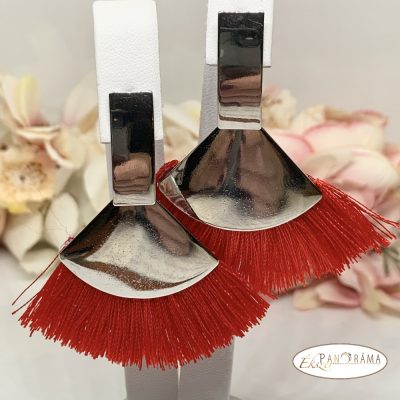 Fashion bojtos beszúrós fülbevaló - ezüst piros legyező