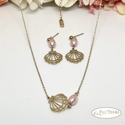  Nemesacél nyaklánc, fülbevaló szett - Gyöngy kagyló