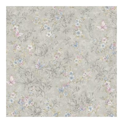 Szürke alapon pillangós és virágos tapéta