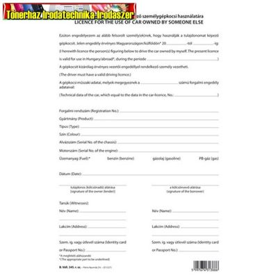 Engedély más tulajdonát képező szgk. használatára 2 lapos garnitúra A/4 álló (B.VALL.345)