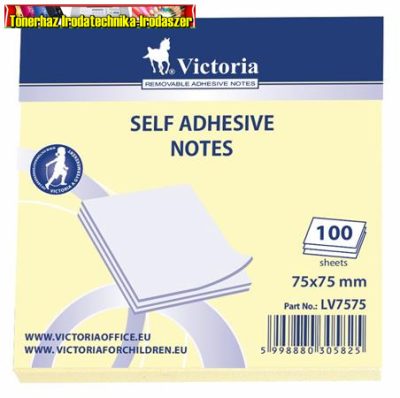 VICTORIA Öntapadó jegyzettömb, 75x75 mm, 100 lap, sárga