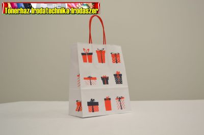 Sodrottfüles papírtáska 22x18x8 cm fehér piros füllel ajándékdobozos nyomattal