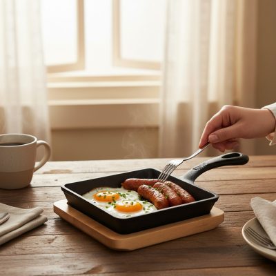 Mini tálaló serpenyő, szögletes, 14,5x14,5x2,5 cm, öntöttvas, fa alátét