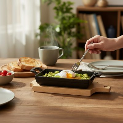 Öntöttvas Mini tálaló serpenyő fa alátéttel, téglalap 18x9,5x3 cm