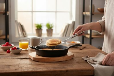 Tálaló edény, 18x4 cm, öntöttvas, fa alátéttel