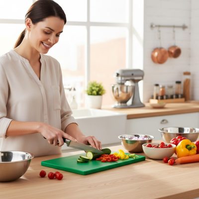Zöld műanyag vágódeszka 50x30x2 cm, HACCP zöldségfélékhez, 6 gumitalppal