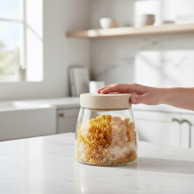 Sahara tároló üveg, fa hatású tetővel, 980 ml, üveg