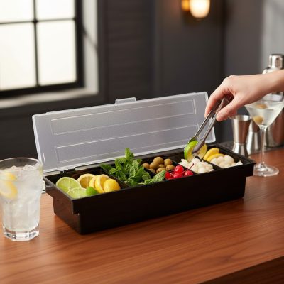 Koktél alapanyag tartó fedővel 6 rekeszes – fekete bár feltét tartó