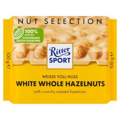 Ritter sport fehér csokoládé egész mogyoróval (25%) és rizspehellyel (3%) 100g