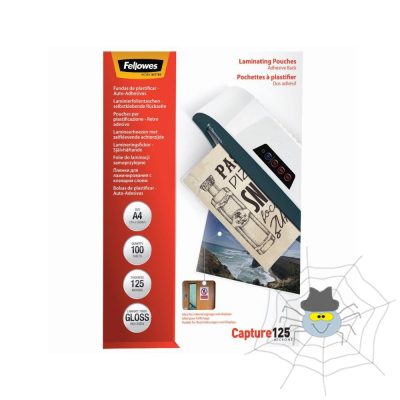 Lamináló fólia, A4, 125 mikron, fényes, öntapadó hátlappal, 100 db/doboz, Fellowes®