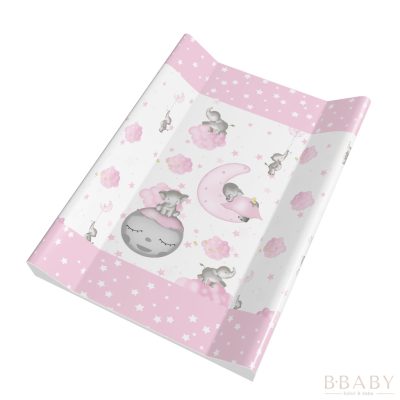 Bébi Elefánt – Pelenkázólap merev peremes 70×50 cm | Rózsaszín, holdon alvó kiselefánt mintával