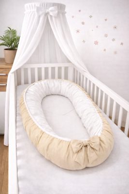 Bella Bézs – Babafészek újszülötteknek | Bézs-fehér, elegáns, 100% pamut, antiallergén, mosható