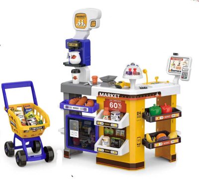 Luxus szupermarket szett bevásárlókocsival, szkennerrel, pénztárgéppel, kártyaolvasóval