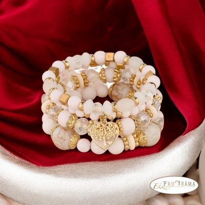 Vintage karkötő, ásvánnyal díszítve, 4 soros, fehér- arany színben