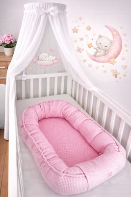 Babarózsaszín waffle babafészek – 100% pamut, légáteresztő, I. osztályú babatextil
