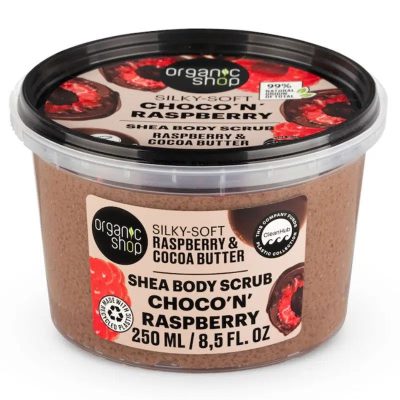 Organic Shop csokis málna puhító testradír málnával és kakaóvajjal, 250 ml