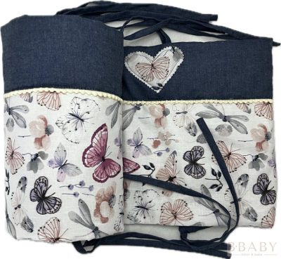 Emery Belle rácsvédő és fejvédő szett 200x30 cm – pillangómintás pamut és farmer, OEKO-TEX