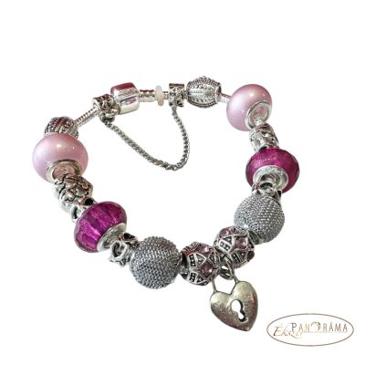 Pandorka karkötő, ezüst színű alapon - pink